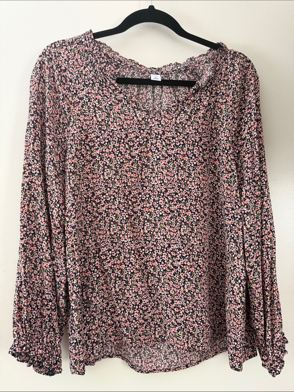 Navy and Pink Floral Long-Sleeve Blouse